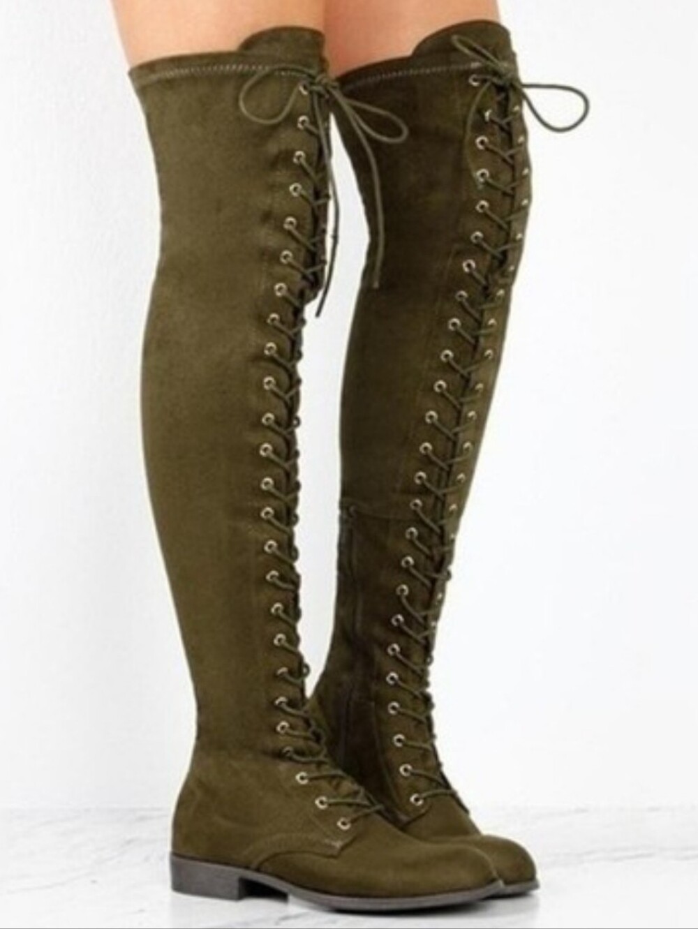 Wild Diva Olive Over-the-Knee Lace-Up Boots